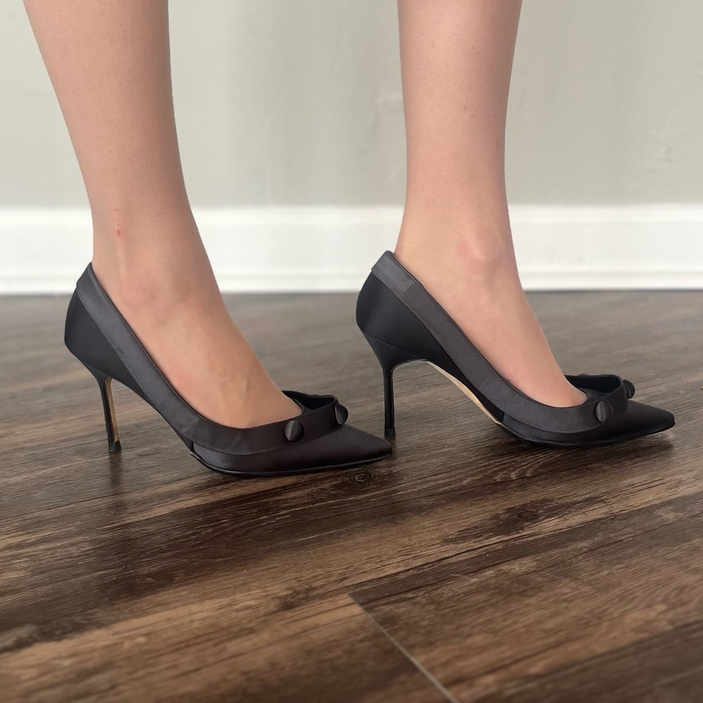 Manolo Blahnik Satin Navy Heels with Buttons